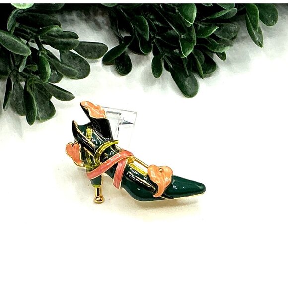 Vintage Enamel High Heel Shoe Brooch Pin Green Gold Tone - Picture 3 of 6